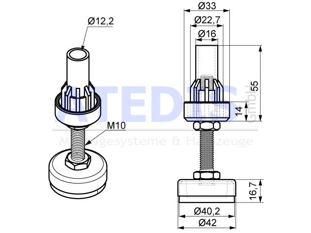 Maße Stellfuss SA-D42mm für Lean-Rohr 1,5-2,00mm