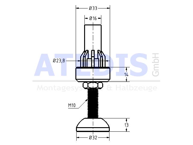 Maße Stellfuss SA-D32mm für Lean-Rohr 0,8-1,20mm