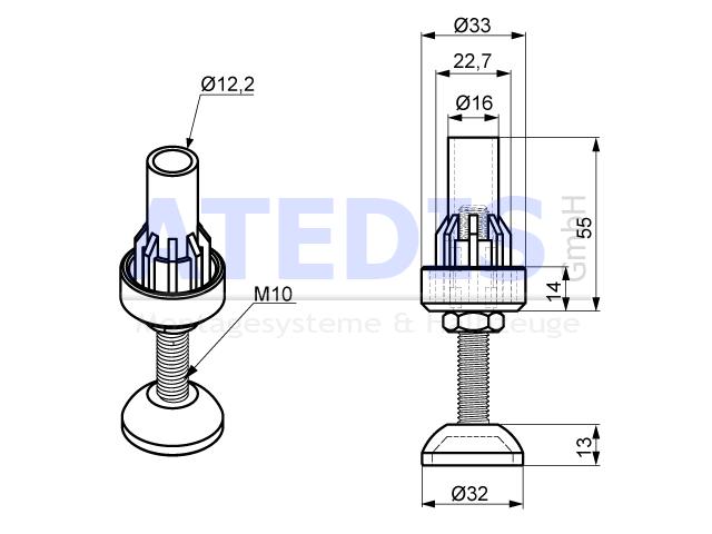 Maße Stellfuss SA-D32mm für Lean-Rohr 1,5-2,00mm